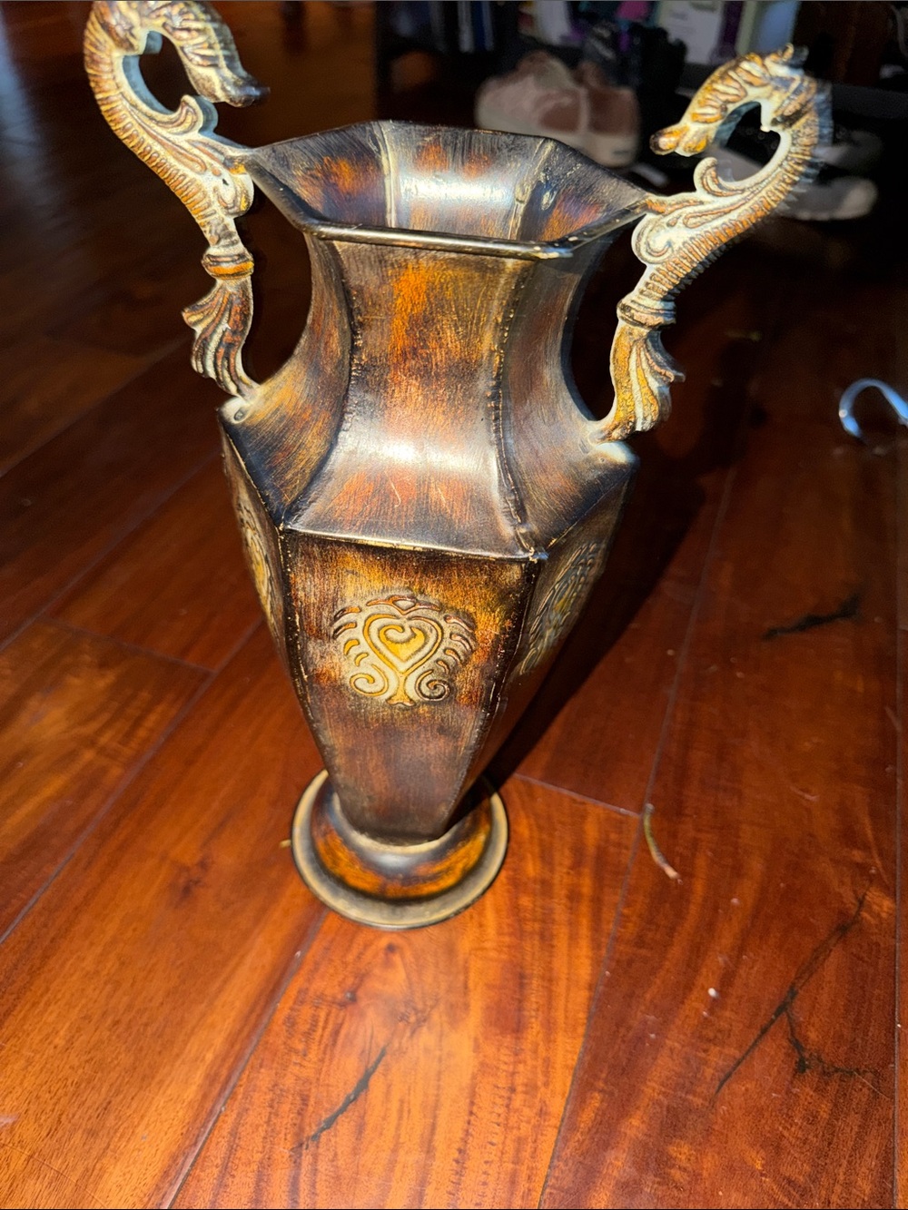 Ornate Brown and Gold Decorative Vase with Scroll Handles